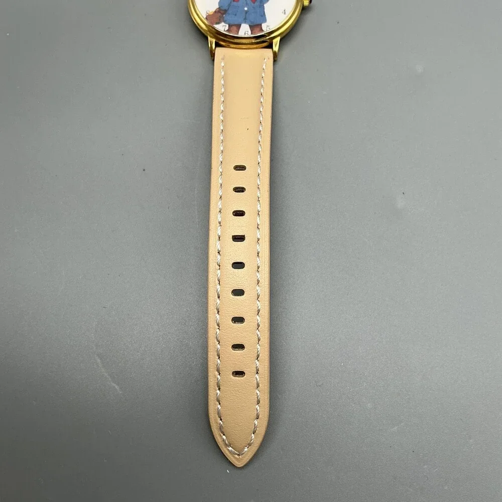 Womens Watch 33mm Brown Bear Dial Gold Tone Beige Leather Strap New Battery